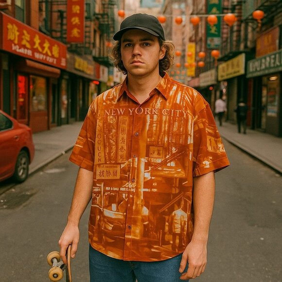 Clench 701 Jeans VTG Y2K Chinatown Button Down Streetwear Shirt Men's XL - Picture 3 of 9